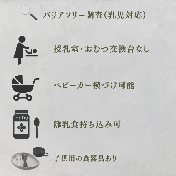 授乳室・おむつ交換台なし
ベビーカー横づけ可能
離乳食持ち込み可
子供用の食器具ありと画像に記入